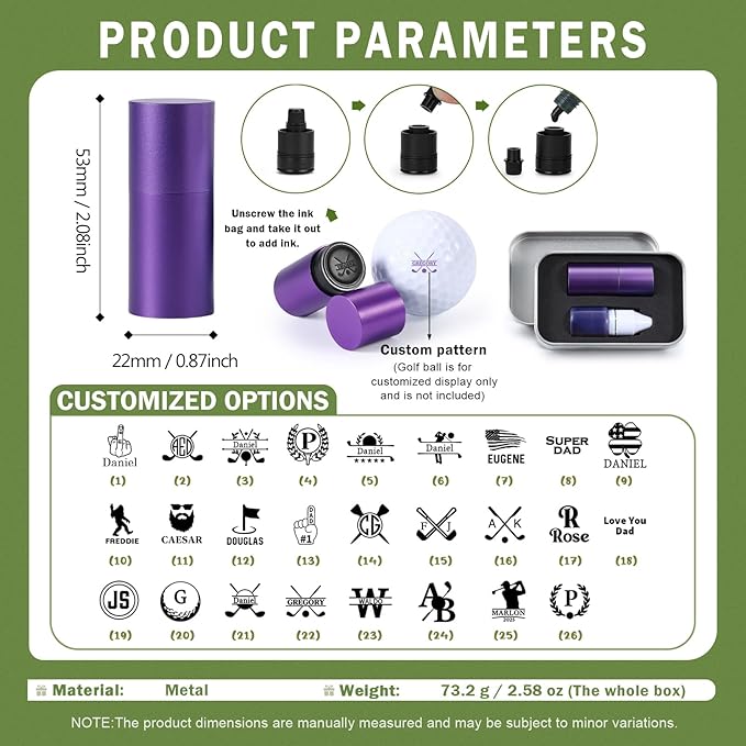 Golf Ball Stamp Personalized Marker - Premium Metal Custom Golf Ball Stamp - Quick-Dry Ink Monogram Identifier - Unique Golfing Accessories Gifts for Men Dad (Mental-Purple-2)