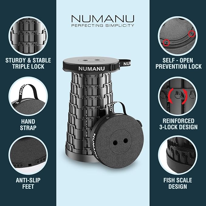 NUMANU 2025 Upgraded Collapsible Stool, Max 620lbs 2.5"-18" H Adjustable Portable Folding Stool for Adults, Retractable Foldable Telescopic Seat Camping Chair or Footrest (1PK Hard Seat)