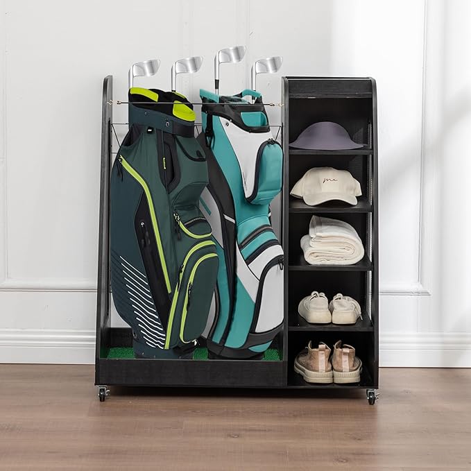 Wooden Golf Bag Organizer for Garage with Drawers, 2 Golf Bag Holder with Club Holders On Side for Car Garage Club Shed Basement, Gray