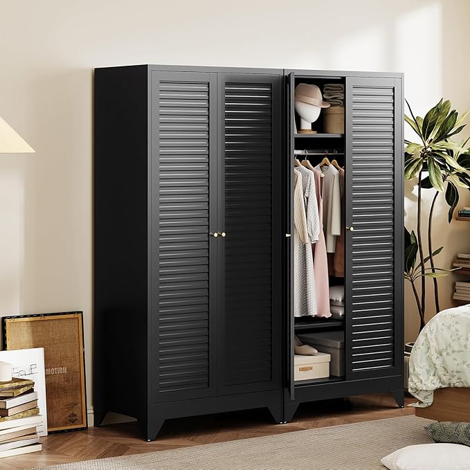 Letaya Metal Wardrobe Cabinets,71" Tall Armoire Wardrobe Closet with Fluted Doors and Shelves,Large Coat Closet Cabinet with Hanging Rod,Clothing Storage Cabinets for Home Room(Black)