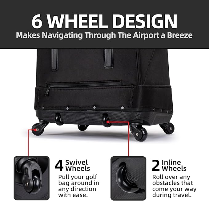 Self Standing Upright All Direction 4 Spinner Swivel Wheel Golf Travel Bag. Soft-Sided Fully Padded Heavy Duty Fabric. Multidirectional Airline Travel Cover Case. Compact Foldable Carry Bag Included.