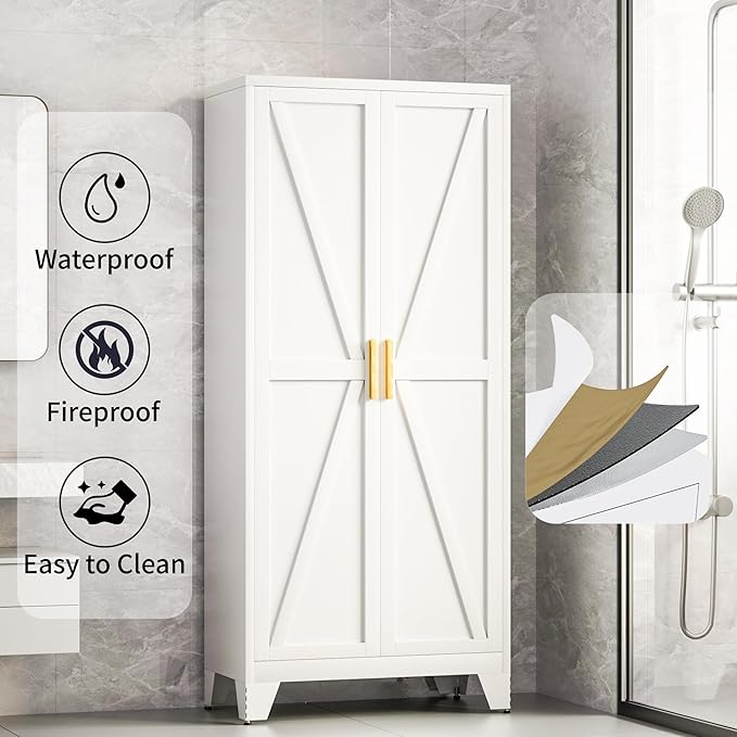 61H Metal Storage Cabinet with 2 Doors and Adjustable Shelves,Farmhouse Storage Cabinet with Barn Doors,Pantry Storage for Home,Office,Bathroom,Dining Room,Kitchen(White)