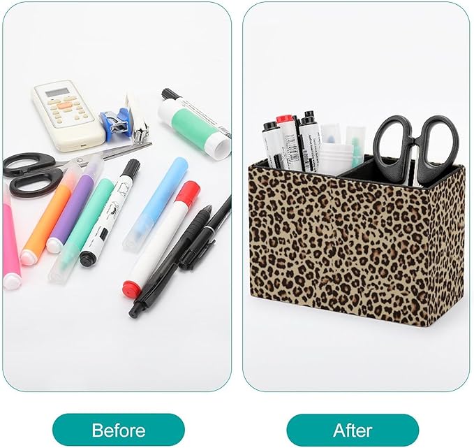 Pen Holder, Pencil Holder for Desk Organizer, Leopard Print Skin PU Leather Pencil Cups Desktop Stationery Storage Makeup Brush Holder Pen Organizer for Office Home