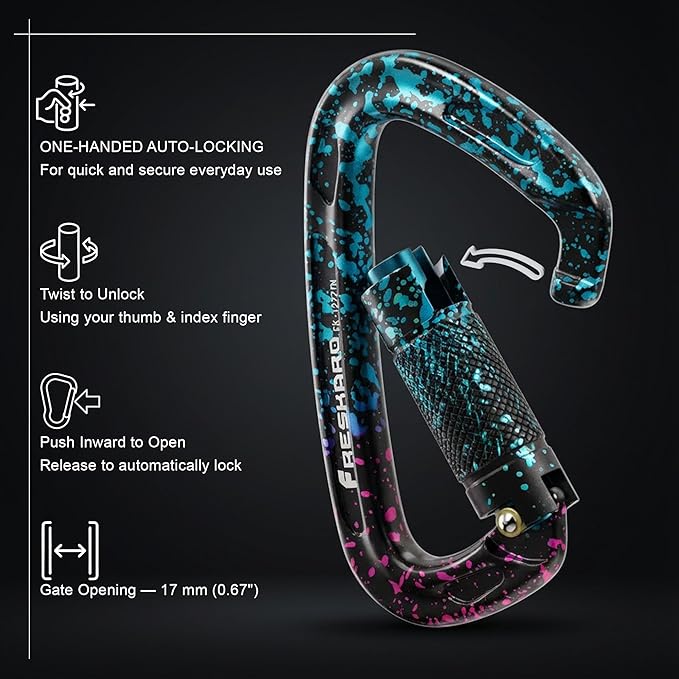 FresKaro UIAA Certified 25KN Auto Locking Climbing Carabiner Clips, Twist Lock, and Heavy Duty Carabiners for Rock Climbing, Rappelling, and Mountaineering, D Shaped