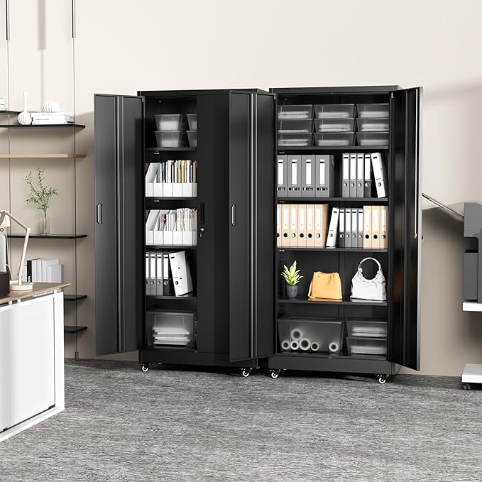 Greenvelly Metal Storage Cabinet with Wheels, 73" H Garage Storage Cabinet with 4 Adjustable Shelves and Locking Doors, Garage Rolling Storage Cabinets for Home, Warehouse, Garage, Black