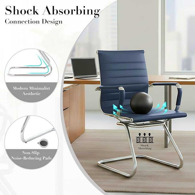 CIMOTA Waiting Room Chairs Leather Office Guest Chair Mid Back Reception Chairs with Sled Base for Meeting/Patient/Conference Room, Navy Set of 2