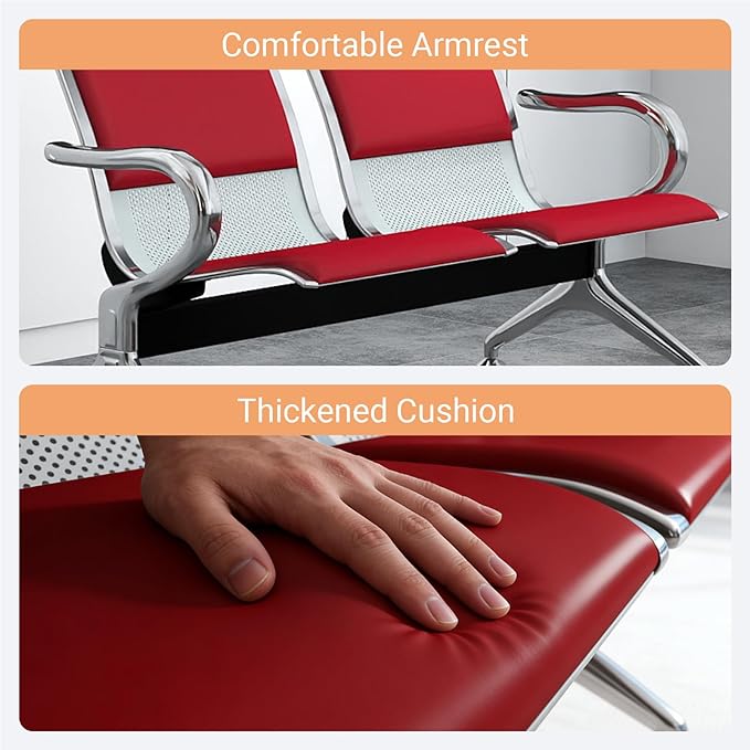 Kinfant 2-Seat PU Leather Waiting Room Bench – Red Reception Chair for Office, Hospital, Bank, Salon, Airport