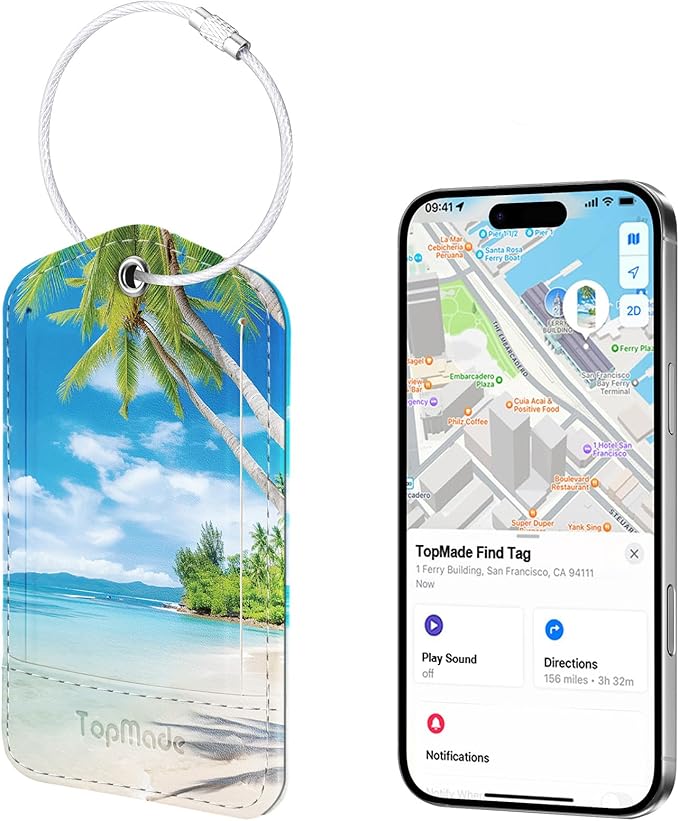 TopMade Smart Luggage Tag with Find My, Premium Leather Luggage Tags for Suitcase, Travel Bags, Backpacks, Anti-Lost Suitcase Tag Tracker for Travel with Privacy Name Card, Rechargeable