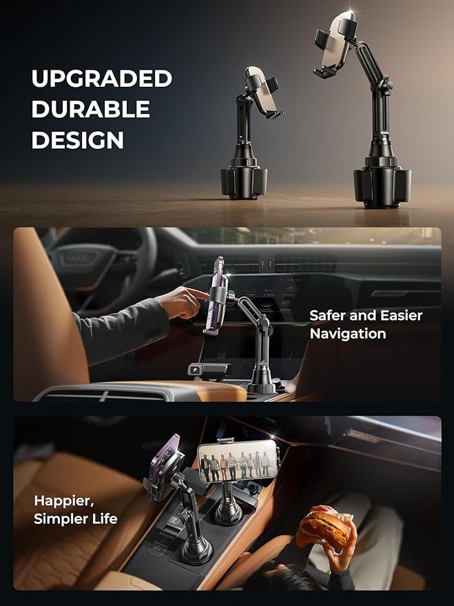 LISEN Cup Phone Holder for Car [Upgraded Version] Long Neck 360° Adjustable [Thick Cases Friendly] for iPhone 16e 16 15 14 13 Pro Max Samsung S25 All 4-7'' Phone, Gold