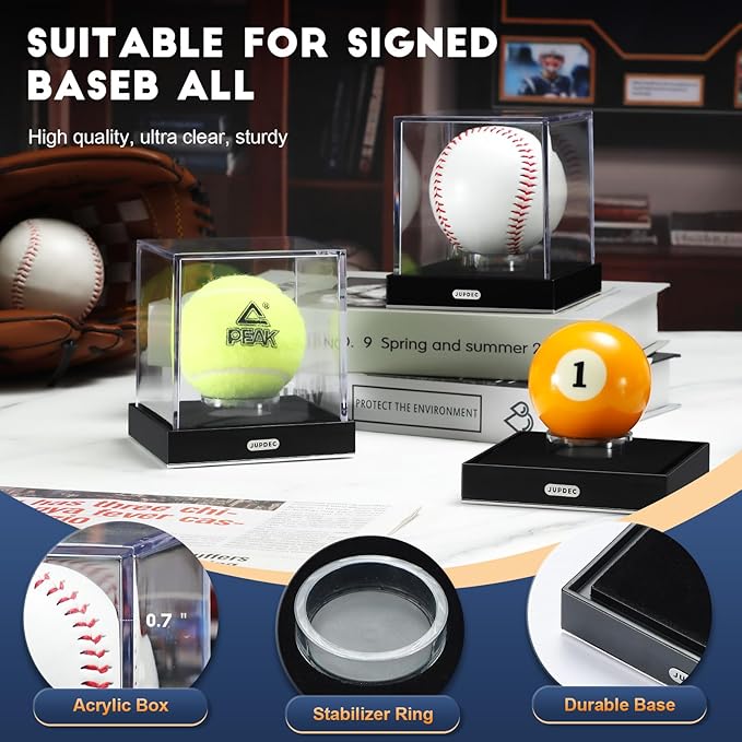 JupDec Baseball Display Case, Clear Acrylic Cube Baseball Holder with Durable Base, UV Protected Autograph Stand Box for Single Ball, Ideal Gift for Collector & Sports Enthusiast, Silvery, 1 Pack