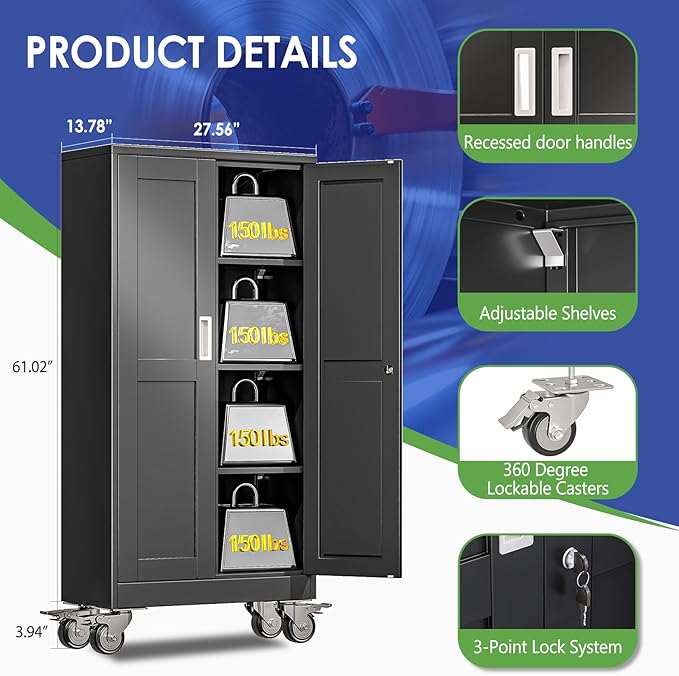 61" Tall Metal Garage Storage Cabinet with Wheels and Locking Doors and Tall Rolling Steel Tool Cabinet with 3 Adjustable Shelves for Garage,Home,Office,Shop (Black)