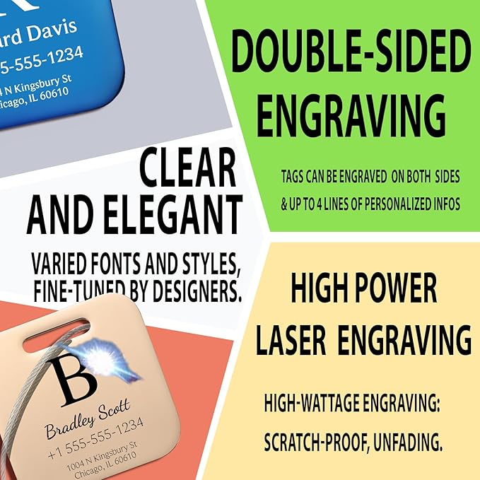 Stainless Luggage Tags for Suitcases 4 Pack: Metal Personalized Luggage Tags for Backpacks & Bags with Customizable Texts (Rose Gold)