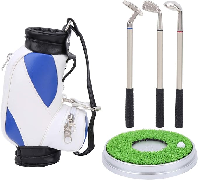 Golf Bag Pen Holder, Mini Desktop Zinc Alloy Golf Bag Pen Holder Set with Golf Pens Gift Souvenir for Golfers Office Decor (Blue White)