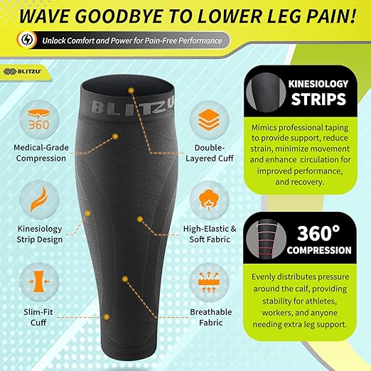 BLITZU 3 Pairs Calf Compression Sleeves for Men and Women. Footless Compression Socks & Leg Support for Running, Travel, Nursing, Fitness. Shin Splints Pain Relief & Reduce Swelling Black S-M