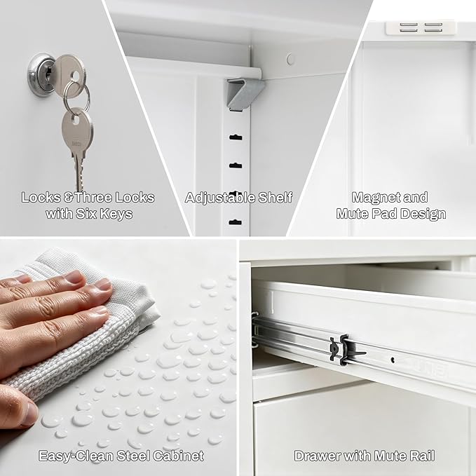 CJF Metal Storage Cabinet, Locking Storage Cabinet with Doors and 2 Drawers, Metal Cabinets for Office/Home/Garage 36" H x 32" W x 16" D (White)