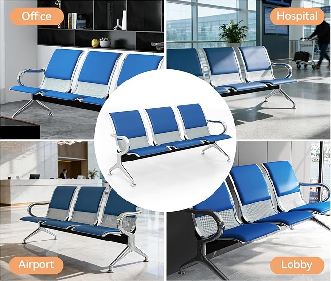 Kinfant 6-Seat Waiting Room Chairs with Arms – Heavy-Duty Steel Frame PU Leather Back & Cushioned Seat, Ergonomic Office Reception Guest Chair for Lobby, Clinic, Airport, Blue