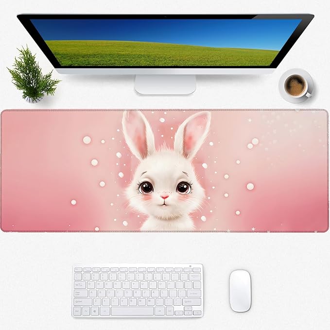 Bunny Rabbit Gaming Mouse Pad, Desk Mat, Non-Slip Rubber Base Cool Aesthetic MousePads for Computer Laptop Keyboard Office School Home Desktop Accessories Decor 31.5" x 11.8"