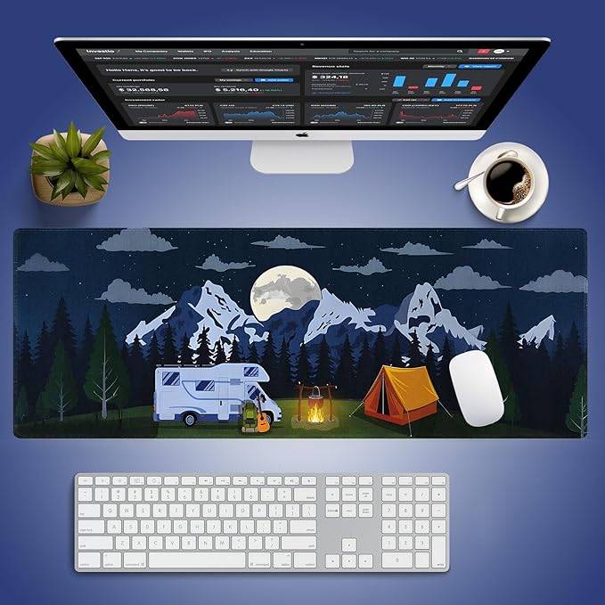 Wknoon. Extra Large Gaming & Office Mouse Pad (31.5" x 11.8") with Durable Stitched Edges – RV Camping Area in The Woods with a Cozy Tent and Campfire Outdoors Activity Themed, Anti-Slip XXL Desk Mat