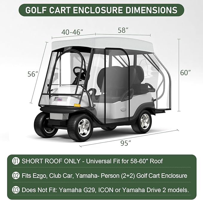 Rosefray Golf Cart Enclosure - 2+2 Drivable Rain Cover for Short Roof 58" EZGO, Club Car - Durable Door Zipper, 4-Sided Clear Windows (4 Seater)