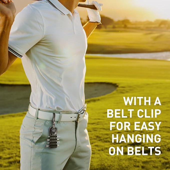 FINGER TEN Golf Tee Holder with Ball Marker and 4 Pcs Wood Tees Value 1/2 Pack, Luxury Leather Gift Hook to Golf Bag Belt Clip