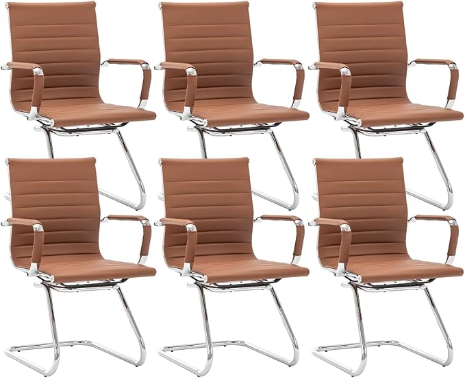 CIMOTA Waiting Room Chairs Set of 6 Leather Office Guest Chair Mid Back Reception Chairs with Sled Base for Meeting/Patient/Conference Room, Coffee, 6PCS