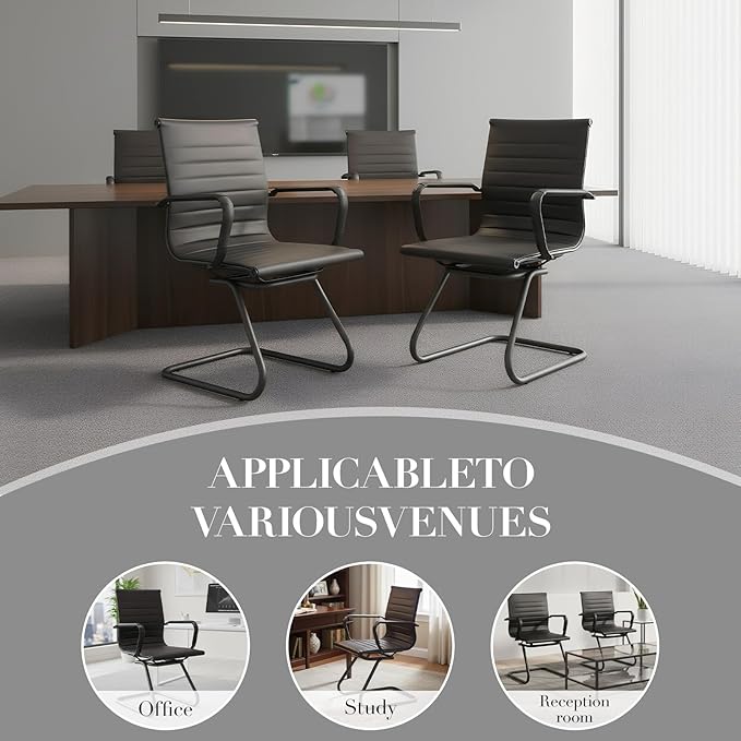 CIMOTA Waiting Room Chairs Leather Office Guest Chair Mid Back Reception Chairs with Sled Base for Meeting/Patient/Conference Room, Retro Black Set of 8