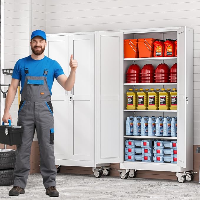 71" Tall Metal Garage Storage Cabinet with Wheels and Locking Doors and Tall Rolling Steel Tool Cabinet with 4 Adjustable Shelves for Garage,Home,Office,Shop (White)