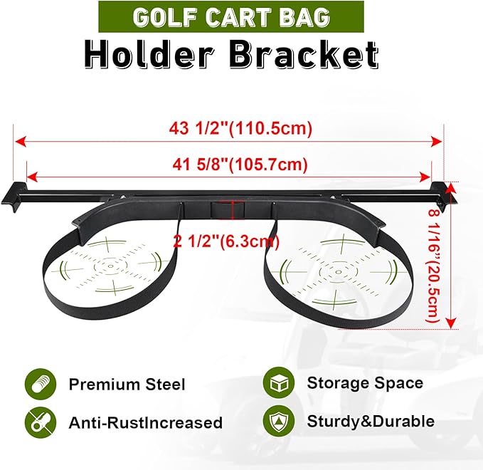 Universal Golf Cart Bag Holder Bracket Fit for Yamaha, EZGO and Club Car Rear Seat Kits, Golf Cart Rack Designed for 1-Inch Square Tube with Nylon Strap Attachment for Securing Golf Bag