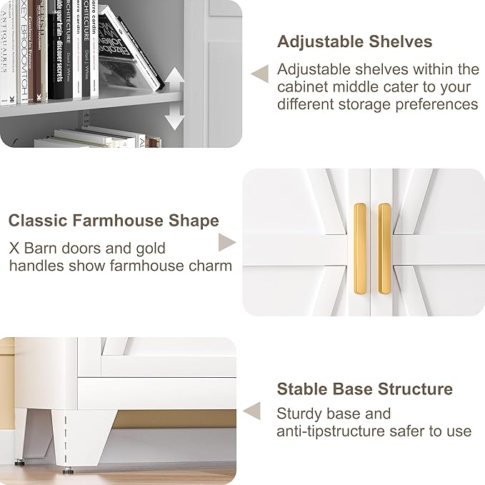 61H Metal Storage Cabinet with 2 Doors and Adjustable Shelves,Farmhouse Storage Cabinet with Barn Doors,Pantry Storage for Home,Office,Bathroom,Dining Room,Kitchen(White)