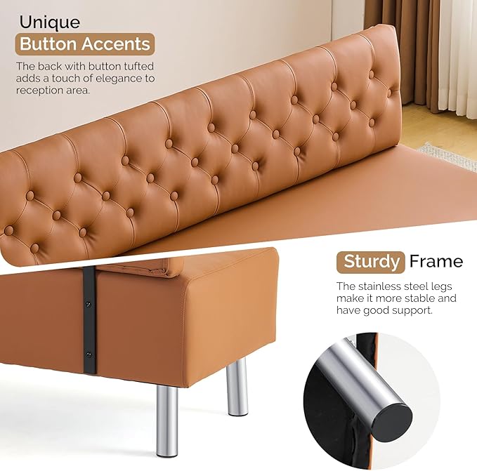 OmySalon Waiting Room Bench with Back, 58.6’’ Office Guest Chair Upholstered Reception Seating, Lobby Furniture for Beauty Salon Barbershop Airport Bank Hall Room Conference, Button Tufted, Brown