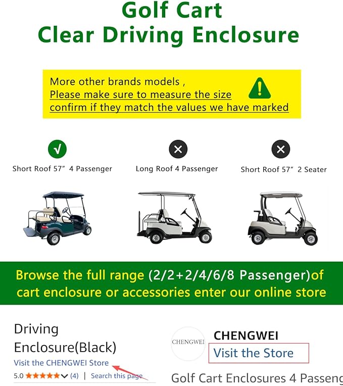 Golf Cart Enclosure 4 Passenger Short Roof 58” for Club Car Precedent Tempo 2+2 Seater,600D Clear Rain Cover Driving Enclosure,Roll Up 4 Sided Transparent Windows&Door,Side Mirrors Zipper Openings