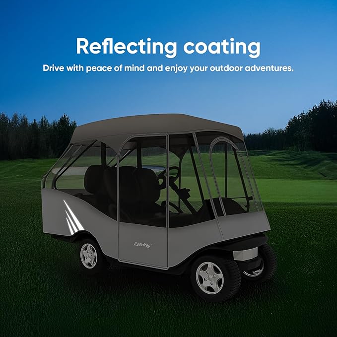 Rosefray Golf Cart Enclosure, 2+2 Drivable Rain Cover, Short Roof 58" - EZGO, Club Car - Durable Door Zipper - 4 Seater Golf Cart Cover Glowing at Night