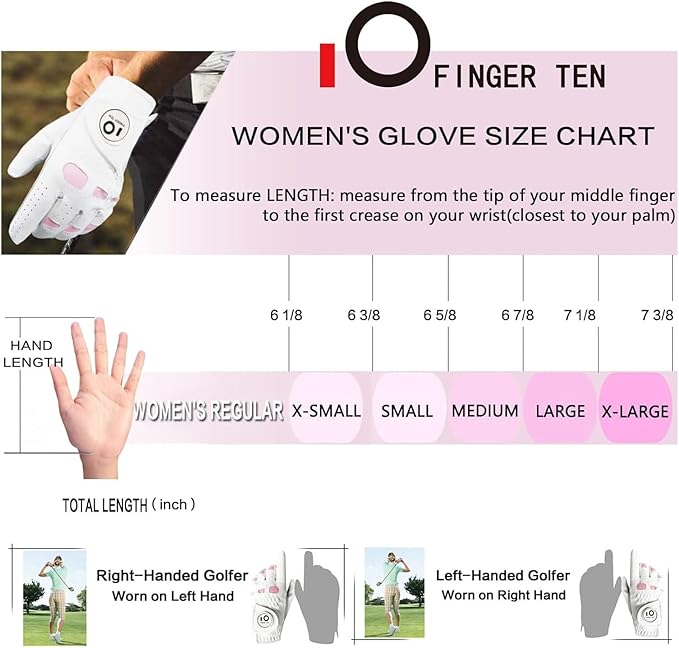 FINGER TEN Women’s Leather Golf Glove with Ball Marker Ladies Gloves Left Right Handed Golfer Extra Grip 1 Pack, Left Right Hand Pink Fit Woman Girl, Size Small Medium Large XL