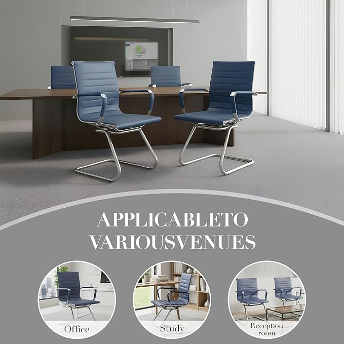 CIMOTA Waiting Room Chairs Leather Office Guest Chair Mid Back Reception Chairs with Sled Base for Meeting/Patient/Conference Room, Navy Set of 8
