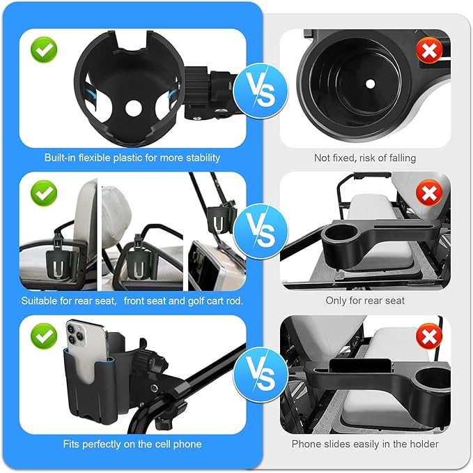 Golf Cart Cup Holder with Phone Holder, 2-in-1 Adjustable Universal Cup Phone Holder Front and Rear Seat Armrest Kit Accessories Compatible for EZGO/Club Car/Yamaha & Most Golf Carts