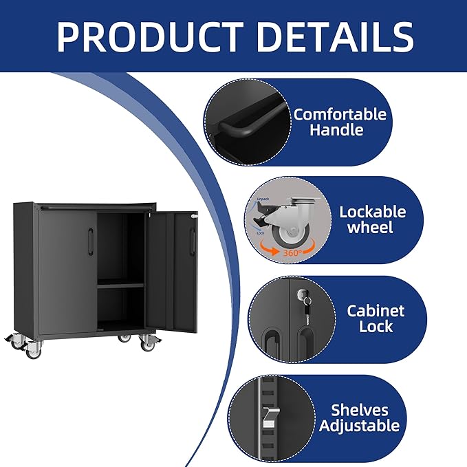 Metal Tool Cabinet,Garage Storage Cabinet System,Wall Cabinet & Locking Rolling Tool Cabinet with Doors and Adjustable Shelves,Steel Tool Cabinets for Home (2 Pcs-StyleC, Black)