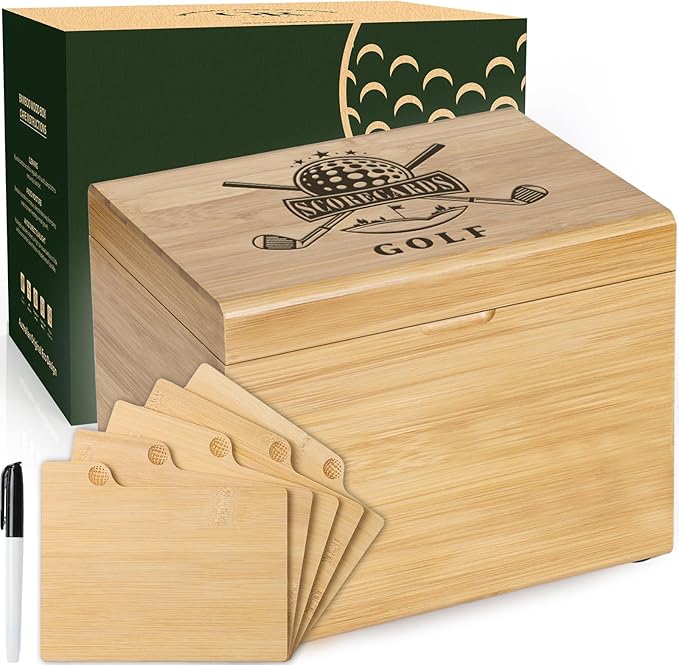Golf Storage Box Golf Gifts - Golf Scorecard Collection Box with 5 Wooden Dividers - Golf Organizer for Scorecards, Photos, Keepsakes; Fathers Day Dad Gifts for Men from Wife (Yellow)