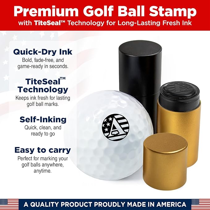 Custom Golf Ball Marker Stamp with TiteSeal™ Technology Bundle - Metallic Box with Golf Ball Stamp + Refill Ink Bottle - Gold Case