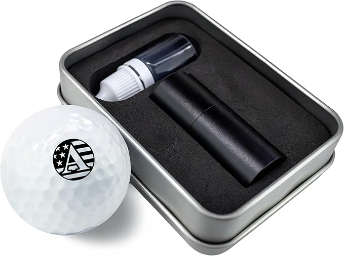 Custom Golf Ball Marker Stamp with TiteSeal™ Technology Bundle - Metallic Box with Golf Ball Stamp + Refill Ink Bottle - Black Case