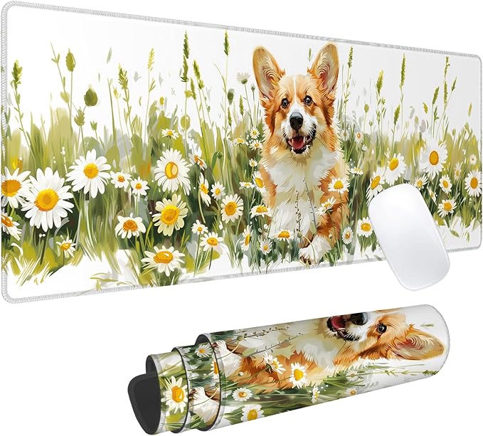 Corgi Daisy Gaming Mouse Pad, Office Desk Mat, Anti-Slip Rubber Base Cool Aesthetic Mouse Pads for Computer Laptop Keyboard School Home Desktop Gamer Home Accessories Decor 31.5" x 11.8"