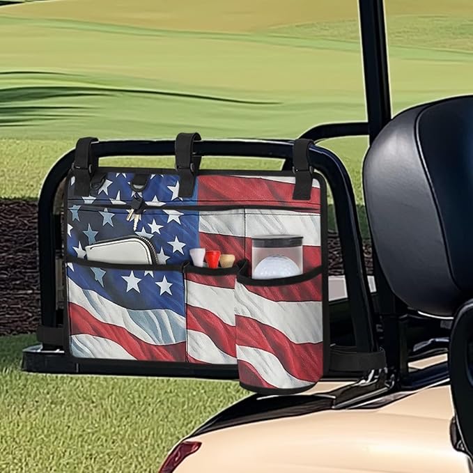 American Flag Golf Cart Bag, Golf Cart Rear Seat Organizer with Open Pockets for Golf Balls & Bottles