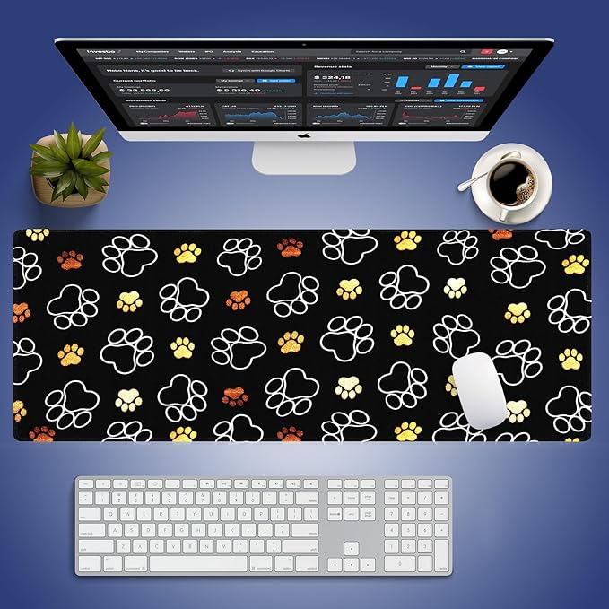 Wknoon. Extra Large Gaming & Office Mouse Pad (31.5" x 11.8") – Abstract Cute Dog Paw Prints Gold and White Design, Premium Anti-Slip XXL Desk Mat with Durable Stitched Edges