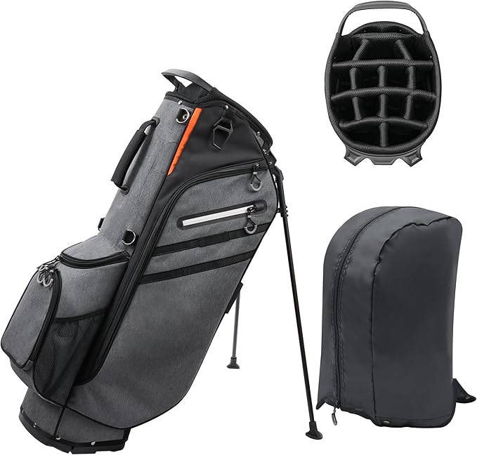 Golf Stand Bag 14 Way Full-Length Dividers with Stand, Lightweight Golf Bag for Men, 7 Pockets, Dual Strap, Rain Hood, Portable Golf Club Bag for Men Women, Gray/Black