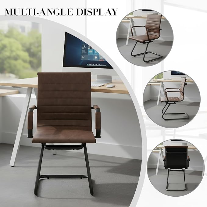 CIMOTA Waiting Room Chairs Set of 2 Leather Office Guest Chair Mid Back Reception Chairs with Sled Base for Meeting/Patient/Conference Room, Retro Brown, 2PCS