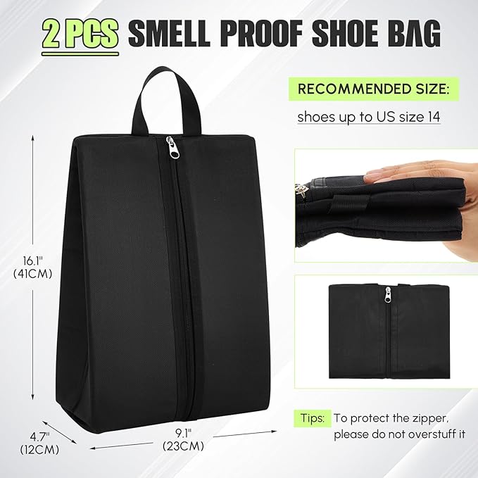Leinuosen 2 Pcs Smell Proof Shoe Cleat Bag for Travel Water Resistant Odor Absorbing Lightweight Golf Soccer Shoe Storage Organizer Pouch with Zipper for Gym Sports Work Men Women (Black)