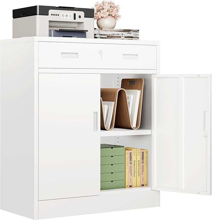 CJF Metal Storage Cabinet, Locking Storage Cabinet with Doors and 1 Drawer, 36" H x 28" W x 16" D Metal Cabinets for Office/Home/Garage -Black
