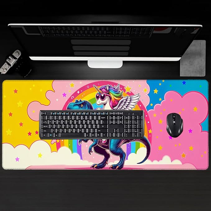 Fun Unicorn Dinosaur Large Gaming Desk Mat,Rubber Non-Slip Cute Fantasy Mouse Pad,31.5x11.8x0.12in Extended Colorful Mousepad,Game Lover Mice Pads Gifts,Office Home Deskmat Decor