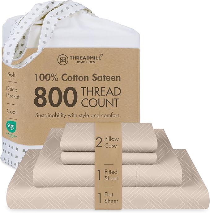 Threadmill California King Size Sheets | 800 Thread Count Jacquard Celine Light Beige | 4 Piece Striped Bed Sheets | Extra Long Staple Cotton sheets | Luxury Damask Sheets with Elasticized Deep Pocket