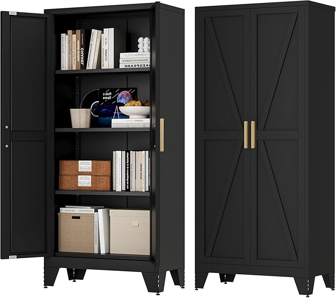 61H Metal Storage Cabinet with 2 Doors and Adjustable Shelves,Farmhouse Storage Cabinet with Barn Doors,Pantry Storage for Home,Office,Bathroom,Dining Room,Kitchen(Black)