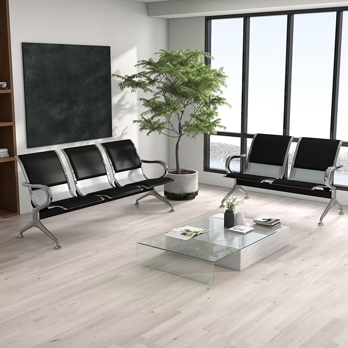 kinbor Waiting Room Chairs - Durable PU Leather Reception Bench with Armrests, 5-Seat Office Reception Guest Chairs for Office, Hospital, Airport, Bank & Lobby, Black